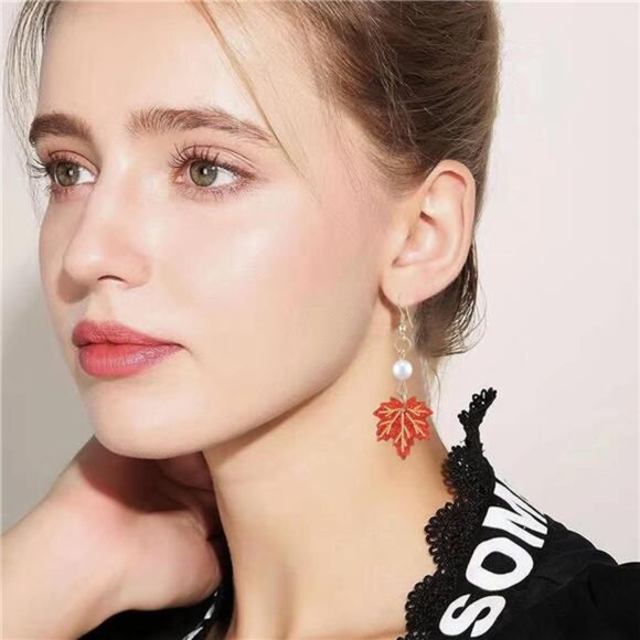 Long Maple Leaf Pearl Earrings | Elegant Fall Dangle Jewelry - Picture 2 of 6